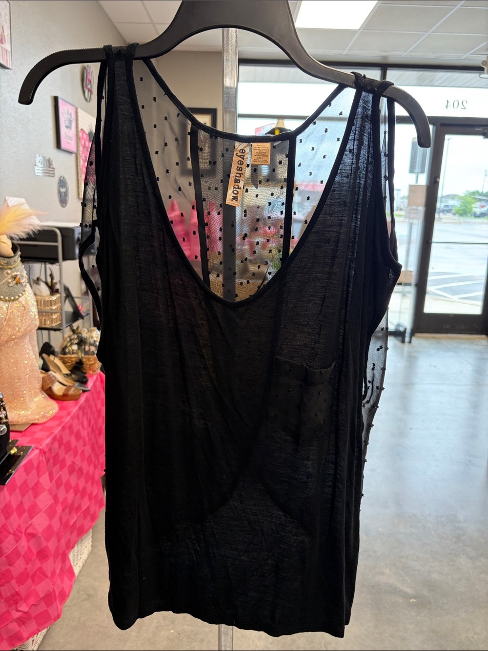 Eyeshadow Black Sheer Dot-Back Sleeveless Top